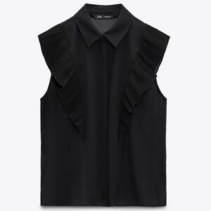 Zara Black Pleated ruffle Ruffled Semi-Sheer Sleeveless Top
